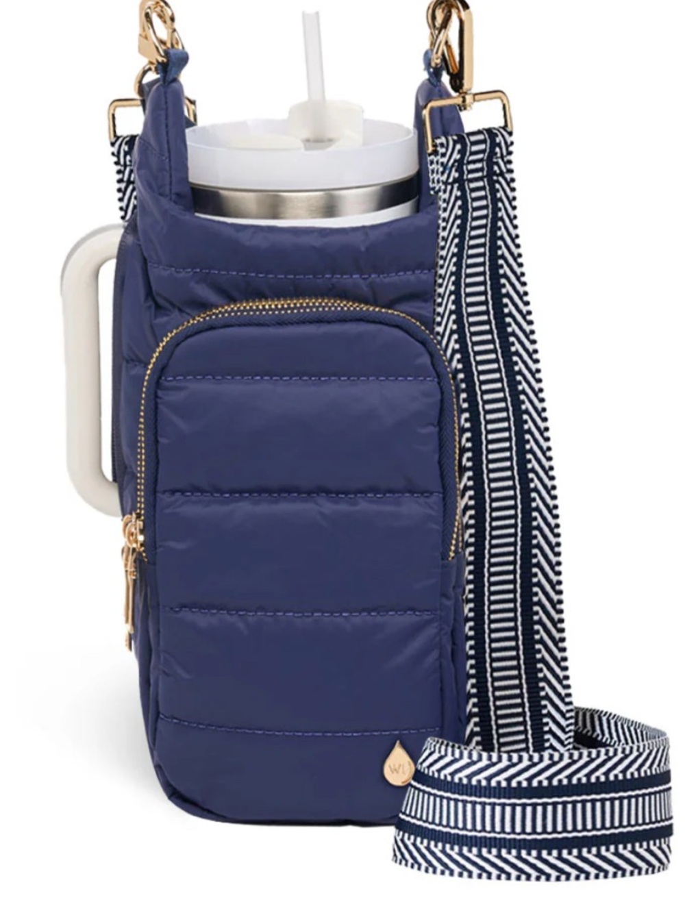 Wanderful Quilted Navy Crossbody Bottle Bag with Striped Strap NWOT
